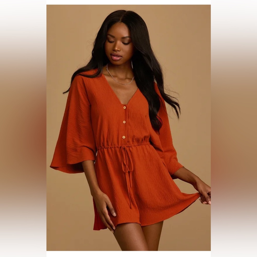 LuLu’s Rust Orange V-Neck Drawstring Romper
